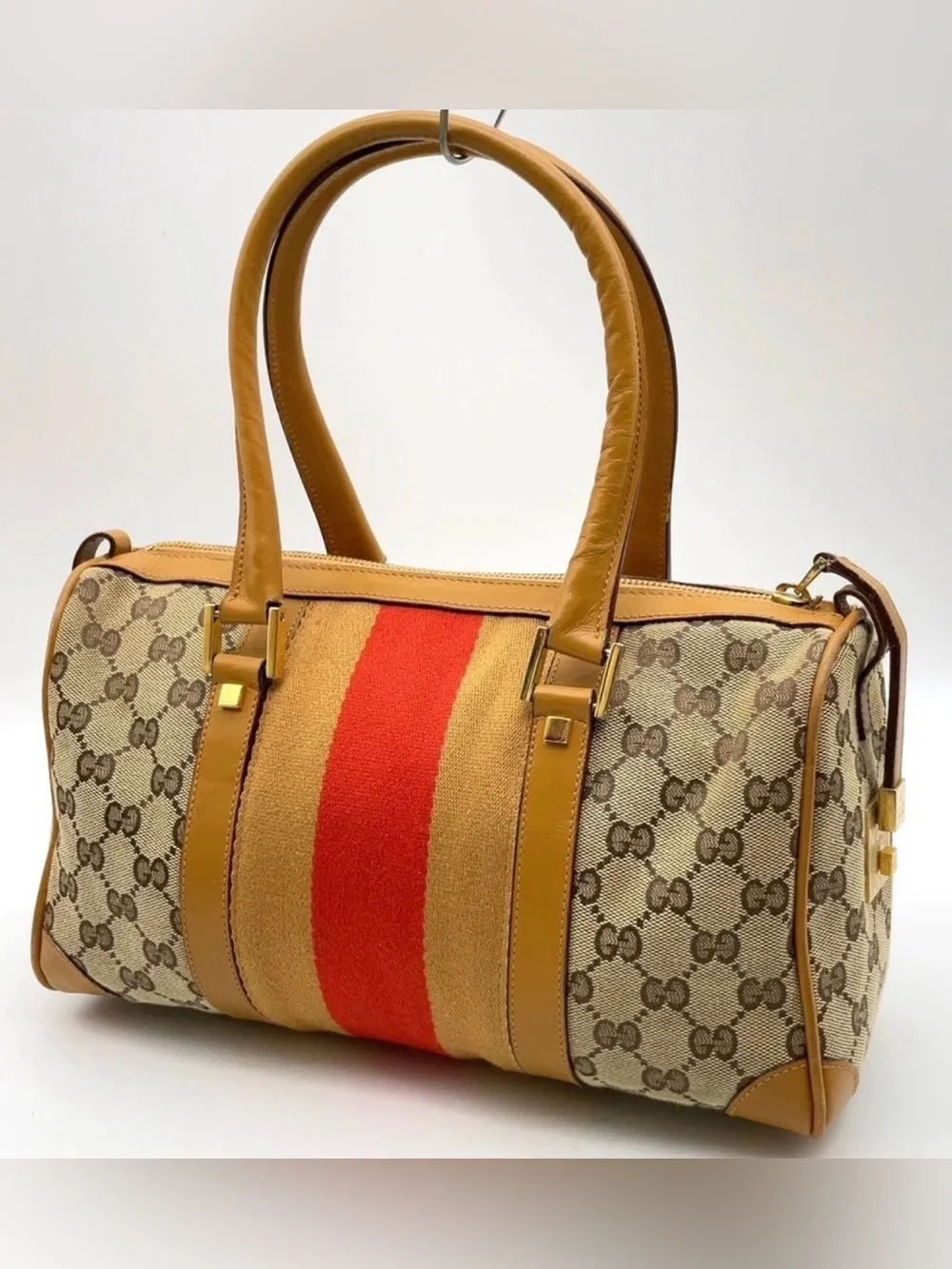 Gucci Brown MINI BOSTON BAG Monogram Satchel Sherry line Stripe perfect size!